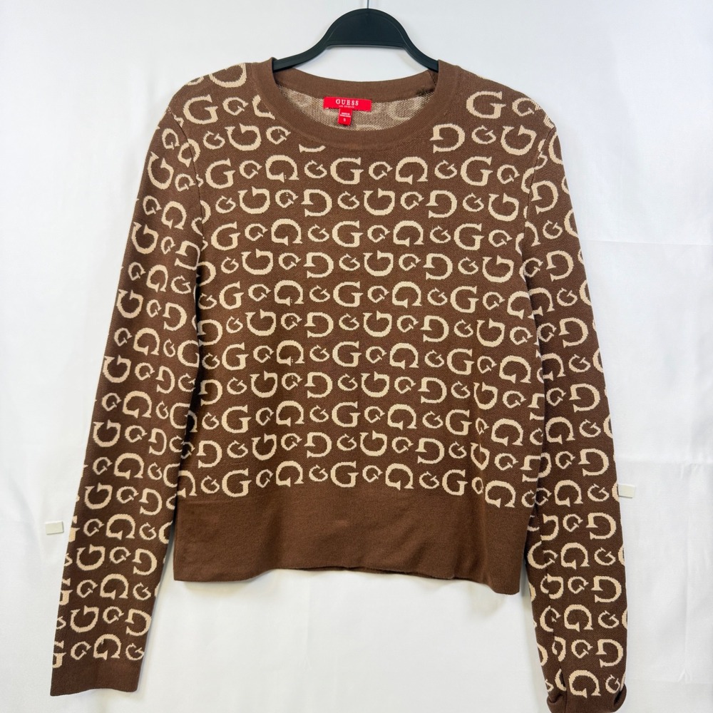 Guess Monogram Logo Crewneck Sweater Brown Tan All Over Print Knit Top Womens S